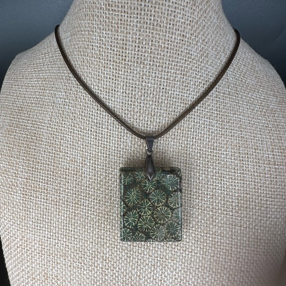 Jewelry - Green and Brown Coral Fossil Square Pendant Necklace on Brown Rope